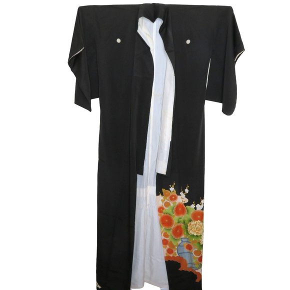 Japanese Kimono Silk Houmongi Vintage Black Multi Floral Copper Metallic 62 inch - Picture 9 of 16